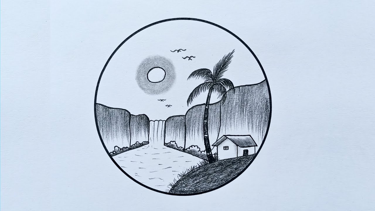 How to Draw a Scenery | Beautiful Waterfall Scenery Drawing | Circle Scenery Drawing