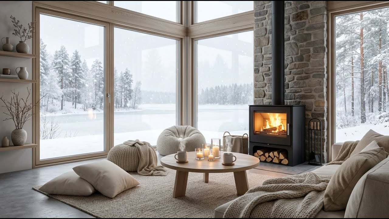 ❄️🤍 Peaceful Lounge Piano | Cozy Fireplace & Snow Night | Relax Study Work Meditation