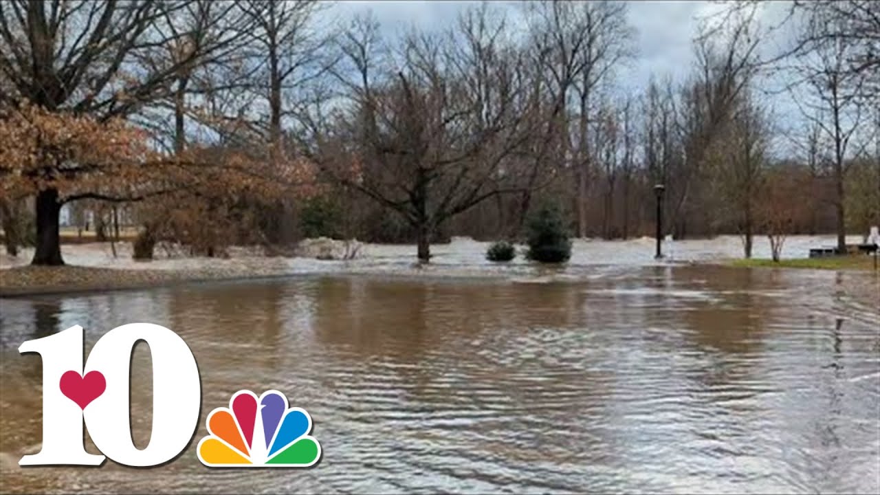 Little Pigeon River surging through Pigeon Forge, Tennessee during a flooding event