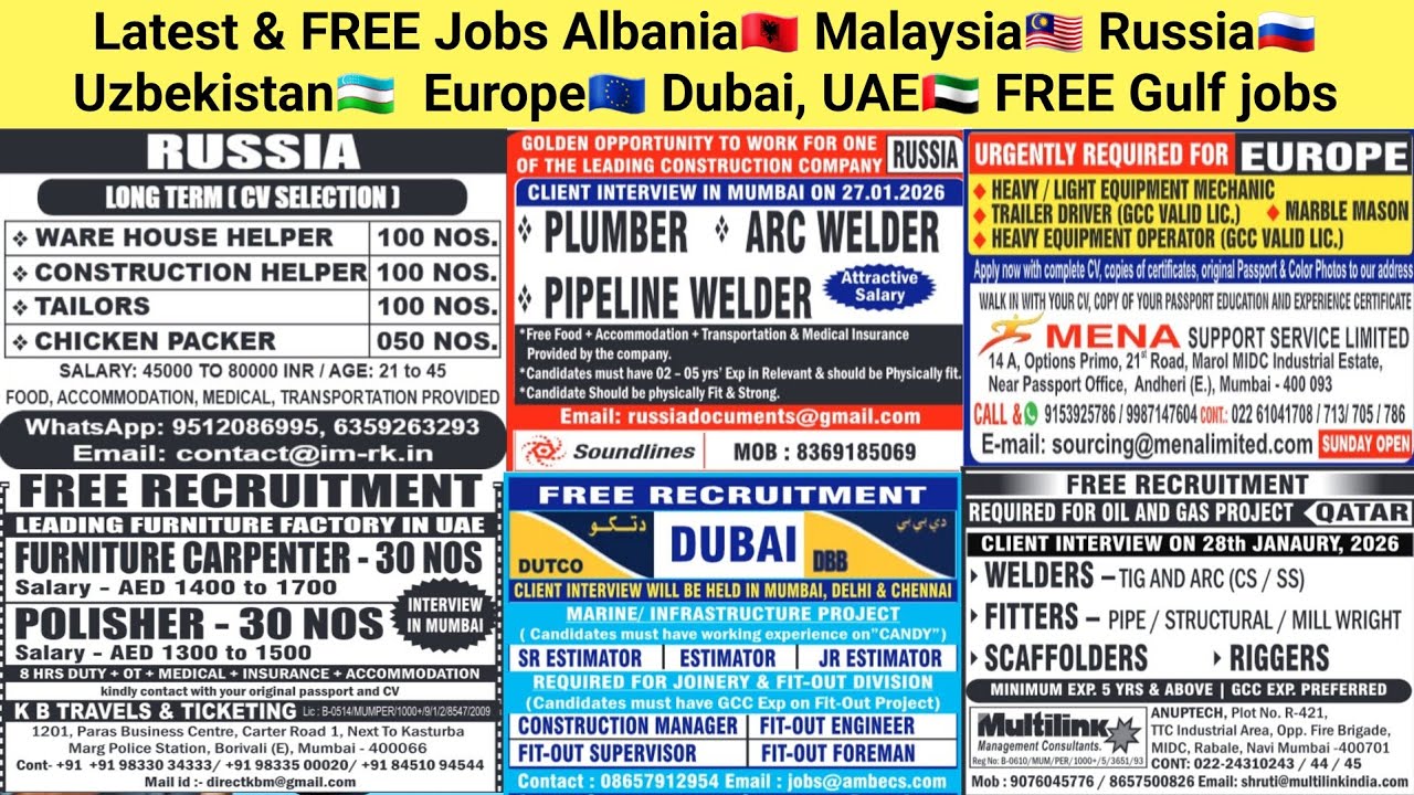 Latest & FREE Jobs Albania🇦🇱 Malaysia🇲🇾 Russia🇷🇺 Uzbekistan🇺🇿  Europe🇪🇺 Dubai, UAE🇦🇪 FREE Gulf jobs 