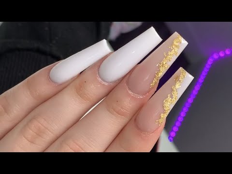 30 White Nails with Gold Flakes: Acrylic, Coffin, Ombre, Marble