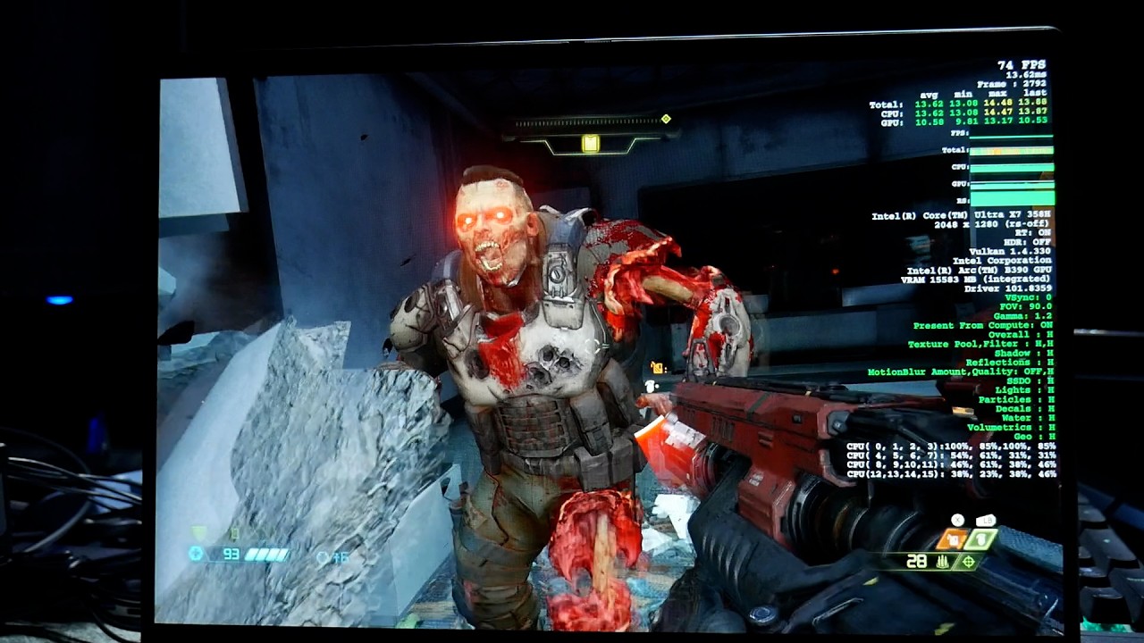 Panther Lake intel 358h Arc B390 Gaming - Doom Eternal with Raytracing