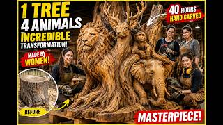 Amazing Tree Trunk Wood Carving | Turning a Giant Log into 4 Animal Sculptures | Handcrafted Art