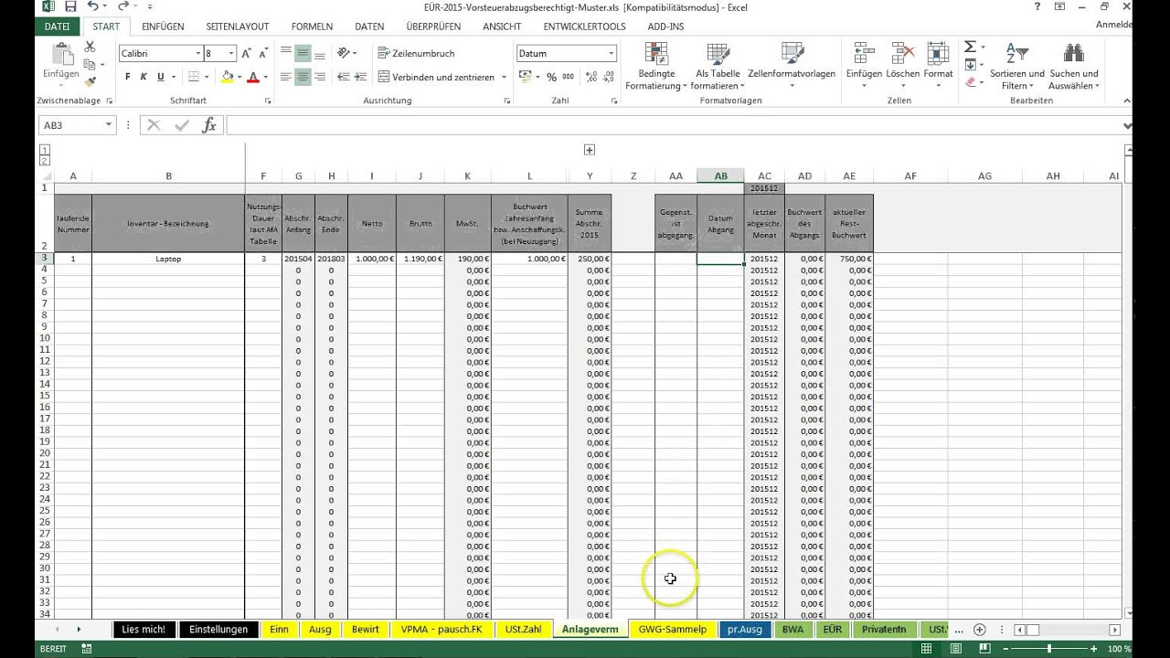 Einfuhrung Excel Vorlage Einnahmenuberschussrechnung Eur Youtube