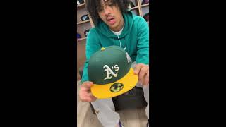 Oakland athletics 1989 world series new era 59fifty fitted hat (battle
of the bay green under brim)