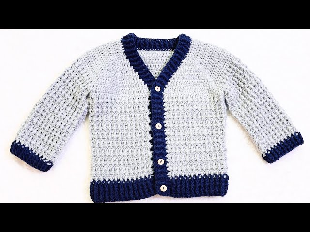 V neck crochet cardigan sweater, coat or jacket for boys LEFT HAND