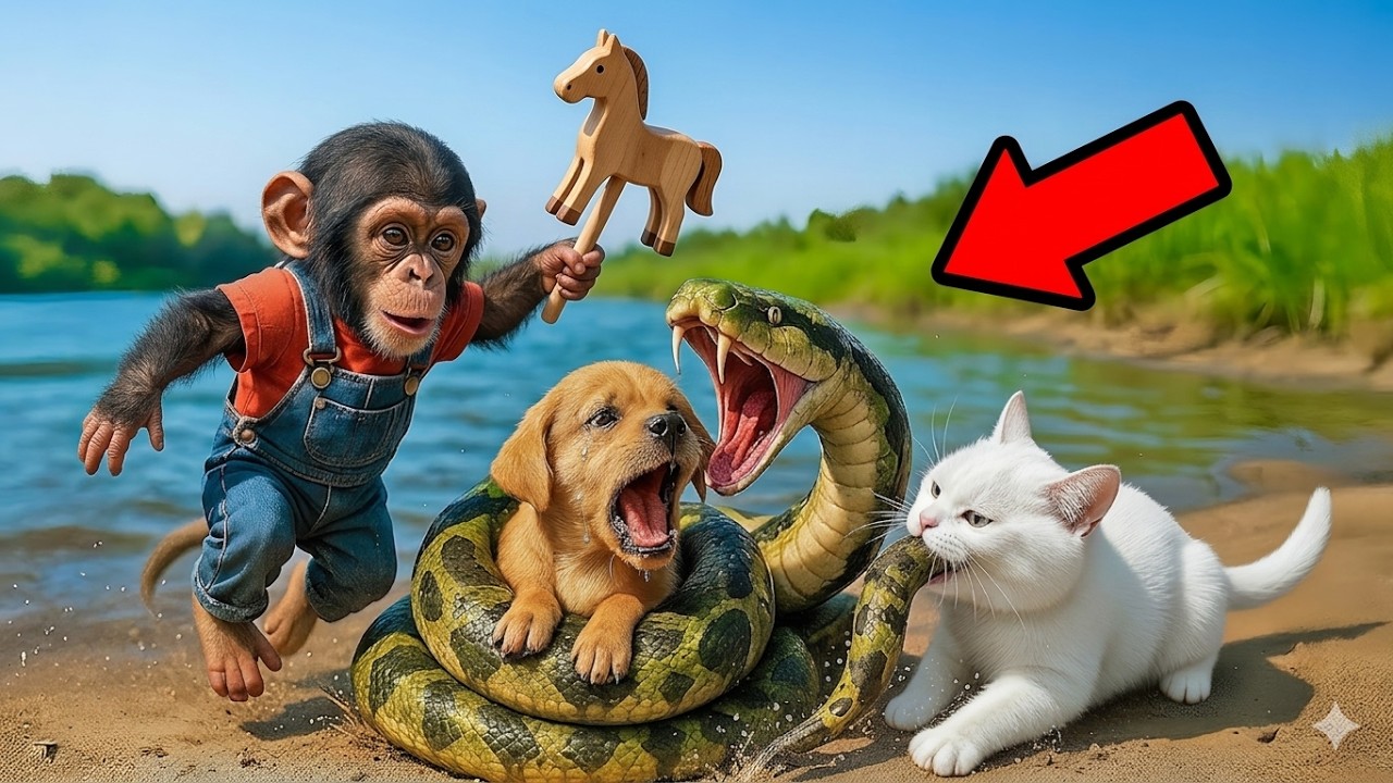 Monkey & Golden Cat Island Adventure! The Giant Snake Attack and Dolphin Rescue