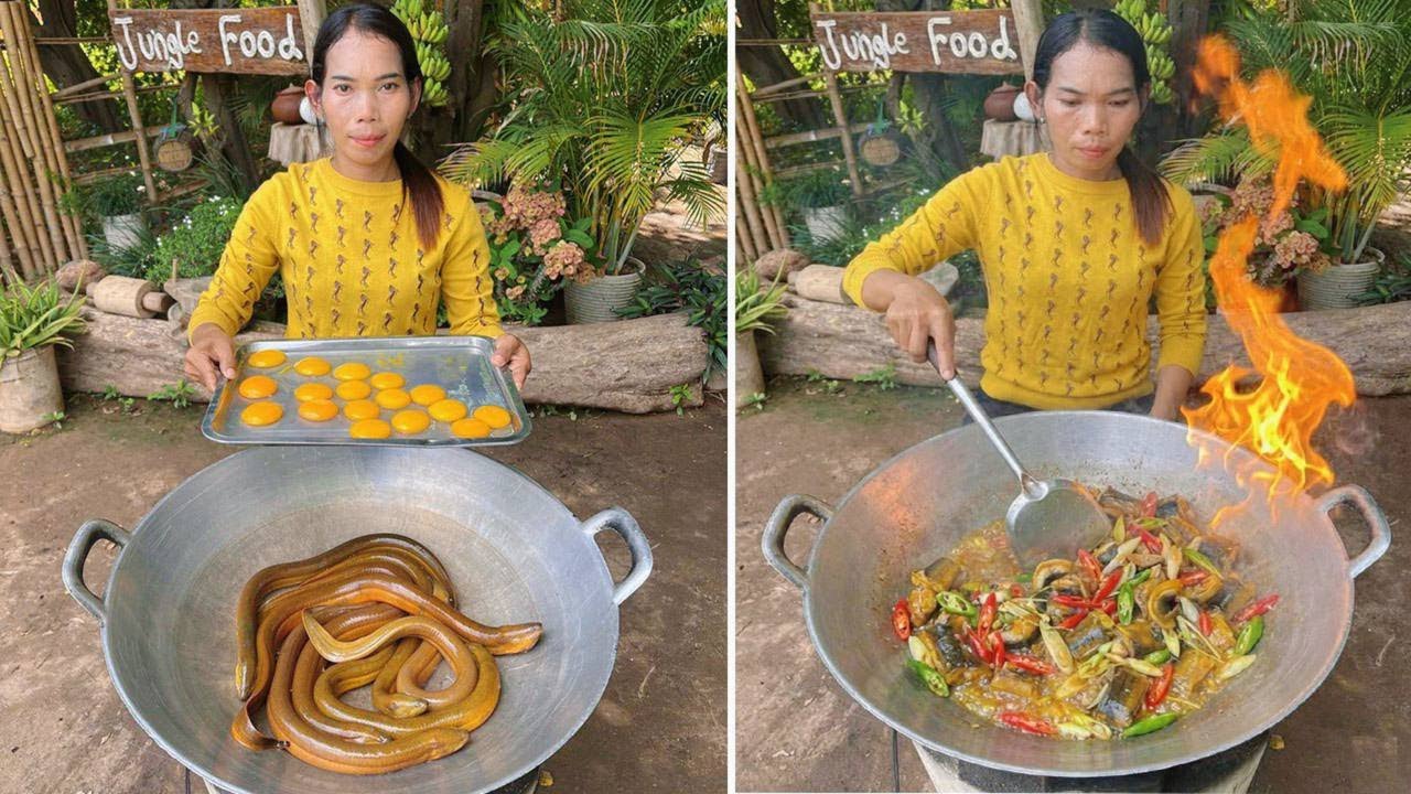 Yummy spicy eel stir fry cooking in the countryside