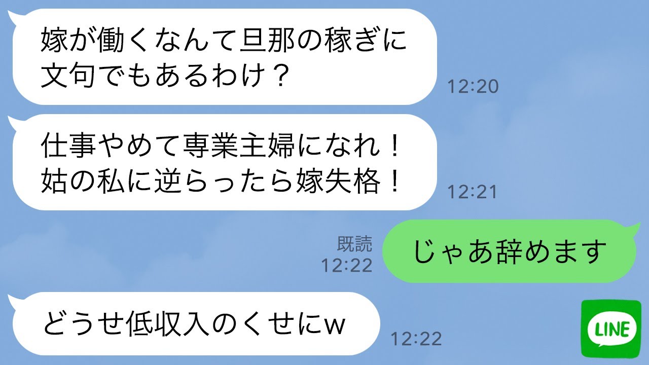 【LINE】夫婦共働きの私が気に入らない嫁いびり姑「専業主婦になれ！嫁は働くな！」→お望み通り仕事やめた私の収入を知った義母の反応がwww【スカッとする話】