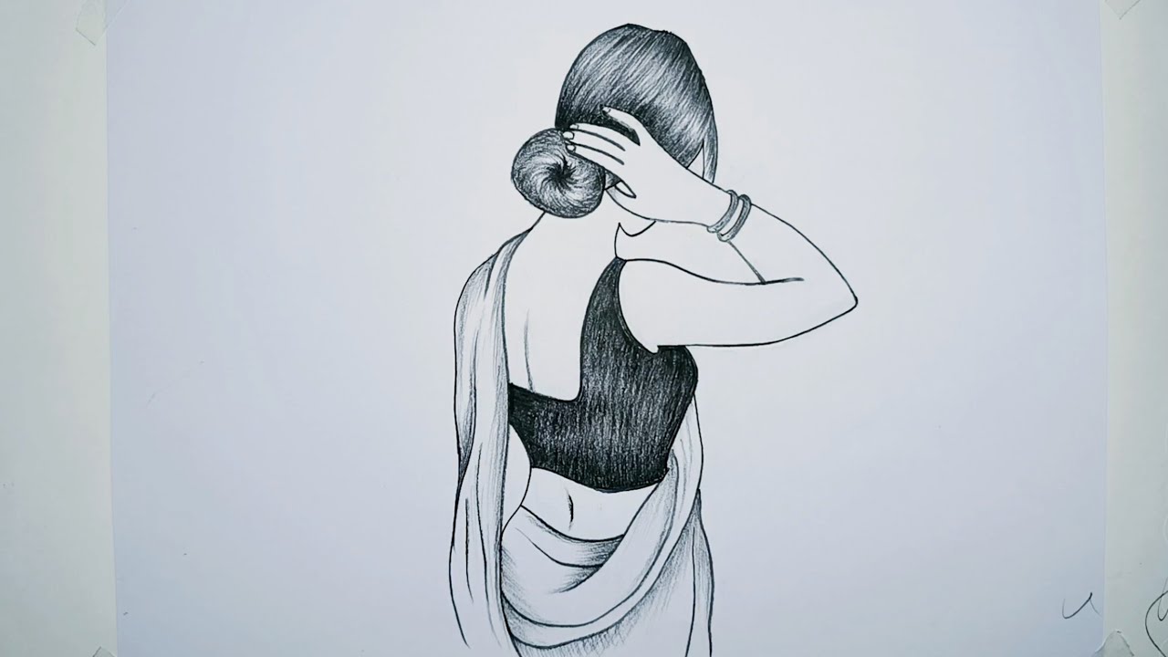 How to draw a beautiful girl with saree | Girls backside drawing with pencil |