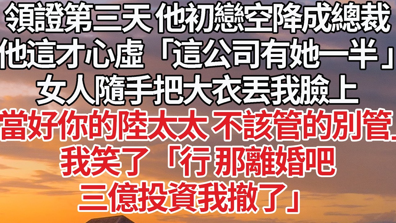 【完結】領證第三天 他初戀空降成總裁，他這才心虛「這公司有她一半 」女人隨手把大衣丟我臉上，「當好你的陸太太 不該管的別管」 我笑了「行 那離婚吧三億投資我撤了」 #婚姻 #情感 #豪门