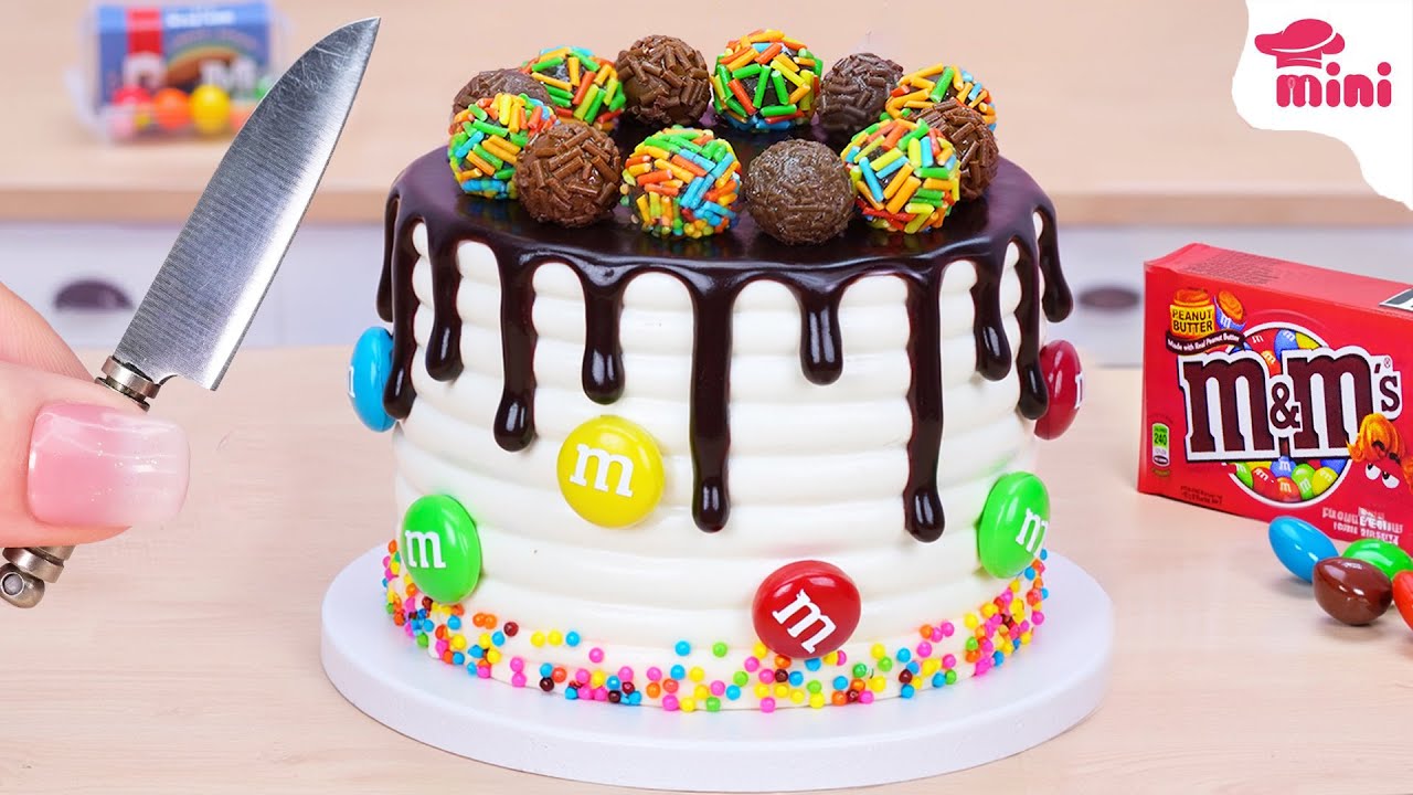 Miniature M&M’s Chocolate Drip Cake with Sprinkle Truffles | ASMR Mini Baking
