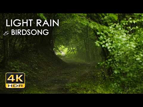 Light Rain & Forest Birdsong - Gentle Spring Drizzle & Bird Sounds - Misty Woods Relaxation - 4K HDR