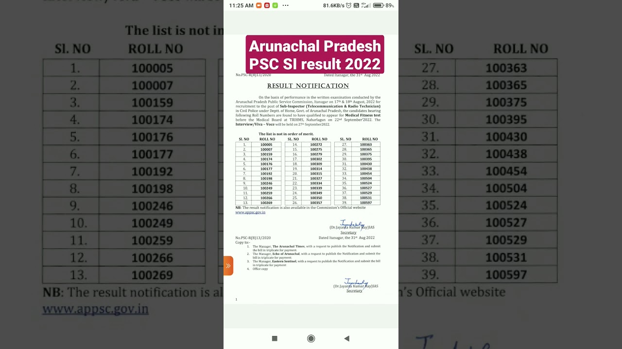 Arunachal Pradesh PSC SI result 2022