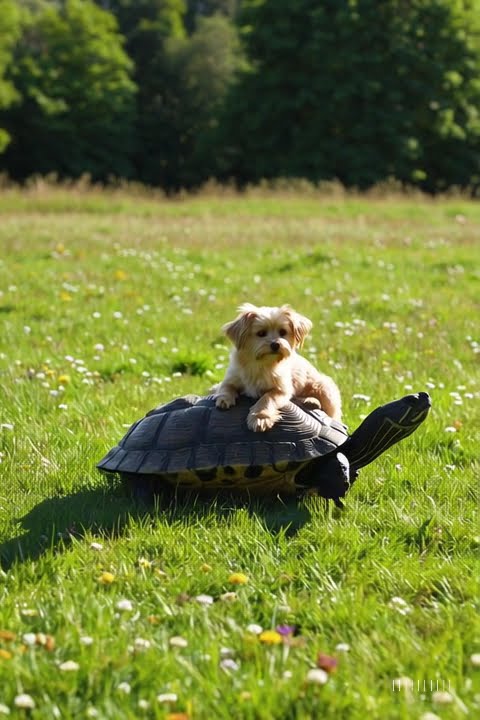 20250605 1458 Fluffy Dog's Turtle Ride simple compose 01jwzaq2b9faavmzqjny0eqaa6