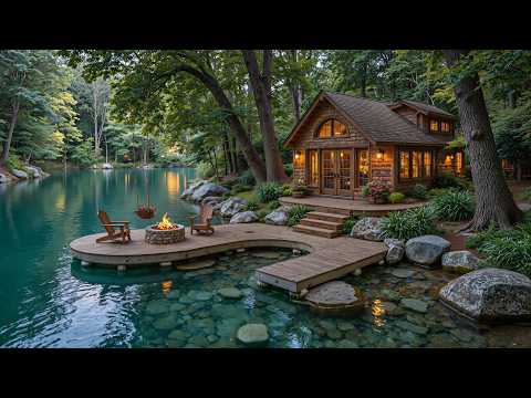 Cozy Summer Forest Lakeside Cabin Porch 🔥🌿 Relaxing Campfire & Crystal Clear River for Relaxation
