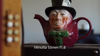 Four Minolta 50-58mm lenses compared for colour and bokeh on an Olympus E-PL5