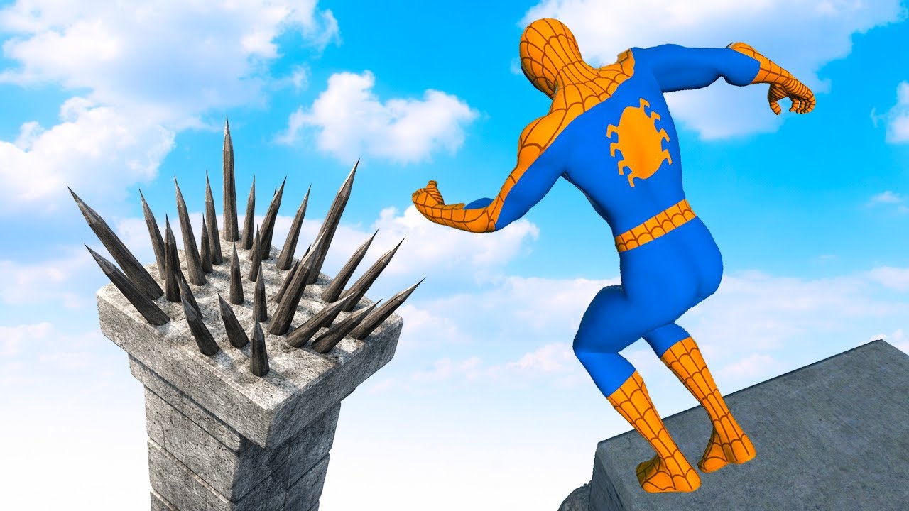 Spider Man Physics Test Brutal Ragdoll Falls Into Spikes