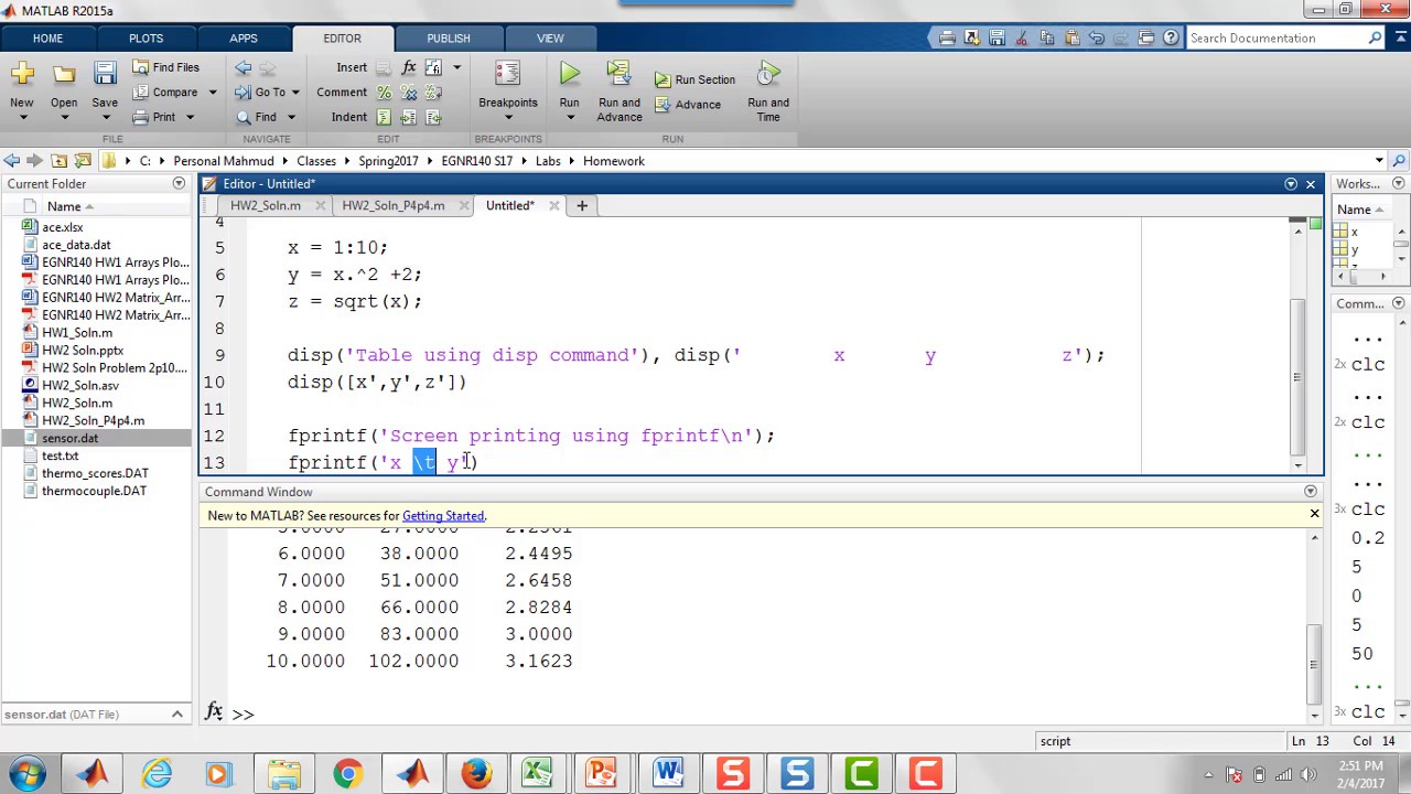 Printing A Table Using Fprintf In Matlab