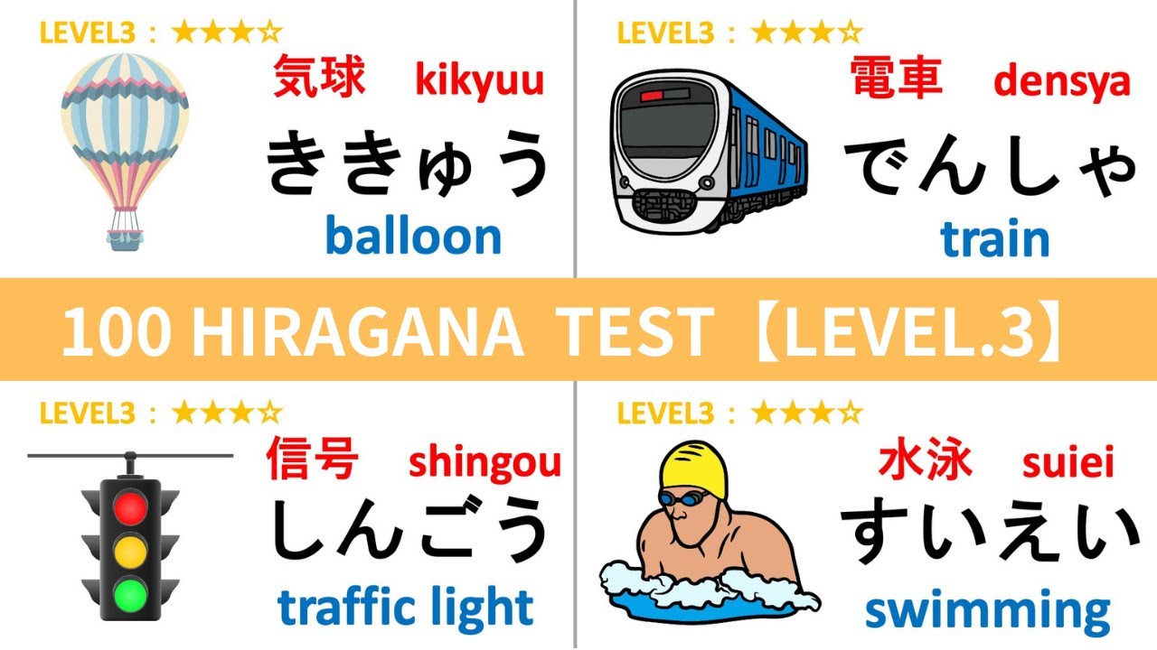 Hiragana 100 words challenge test ALL LEVEL3 ★★★☆　ひらがな　レベル3
