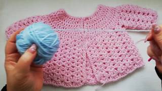 Baby crochet cardigan by Crochet Nuts shells on dc yoke newborn