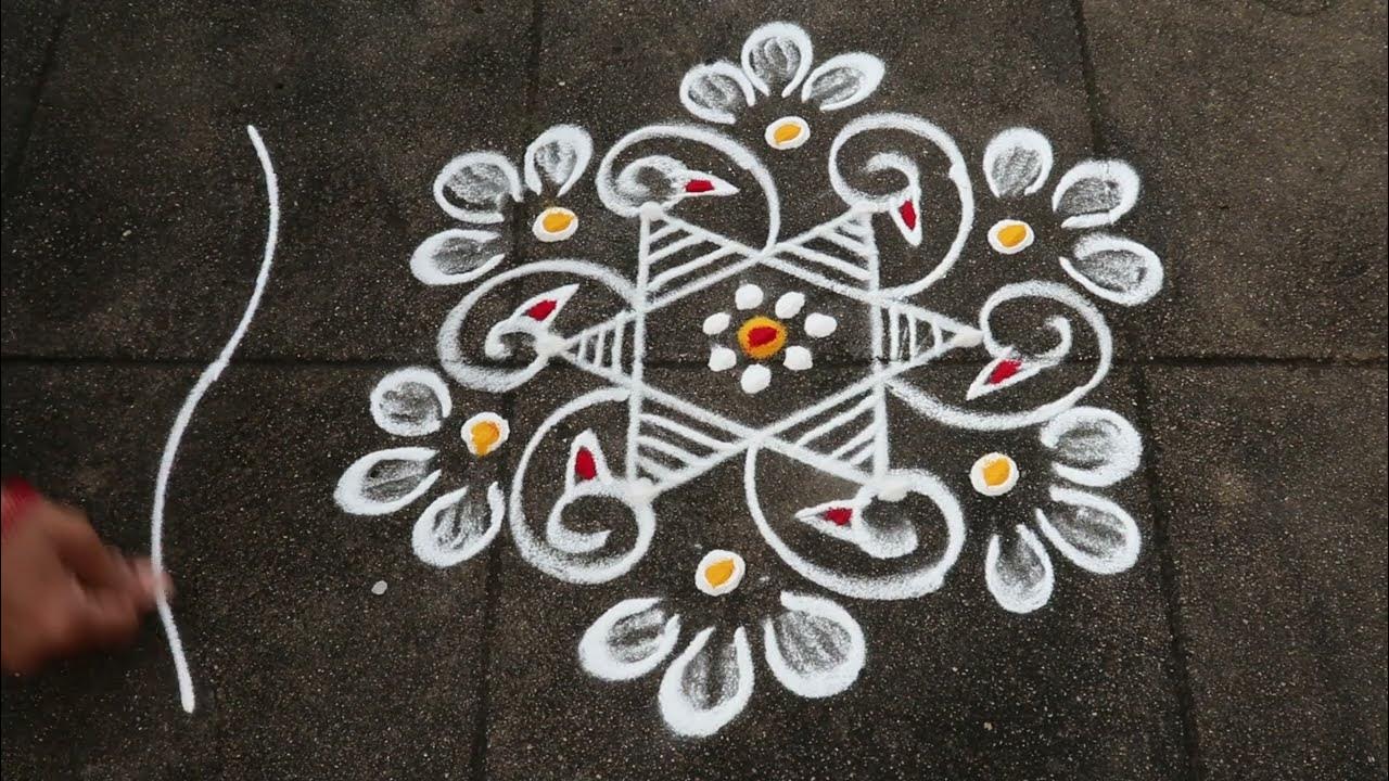Simple Peacock Rangoli Designs | 3x2 Dots Beautiful Pandaga ...