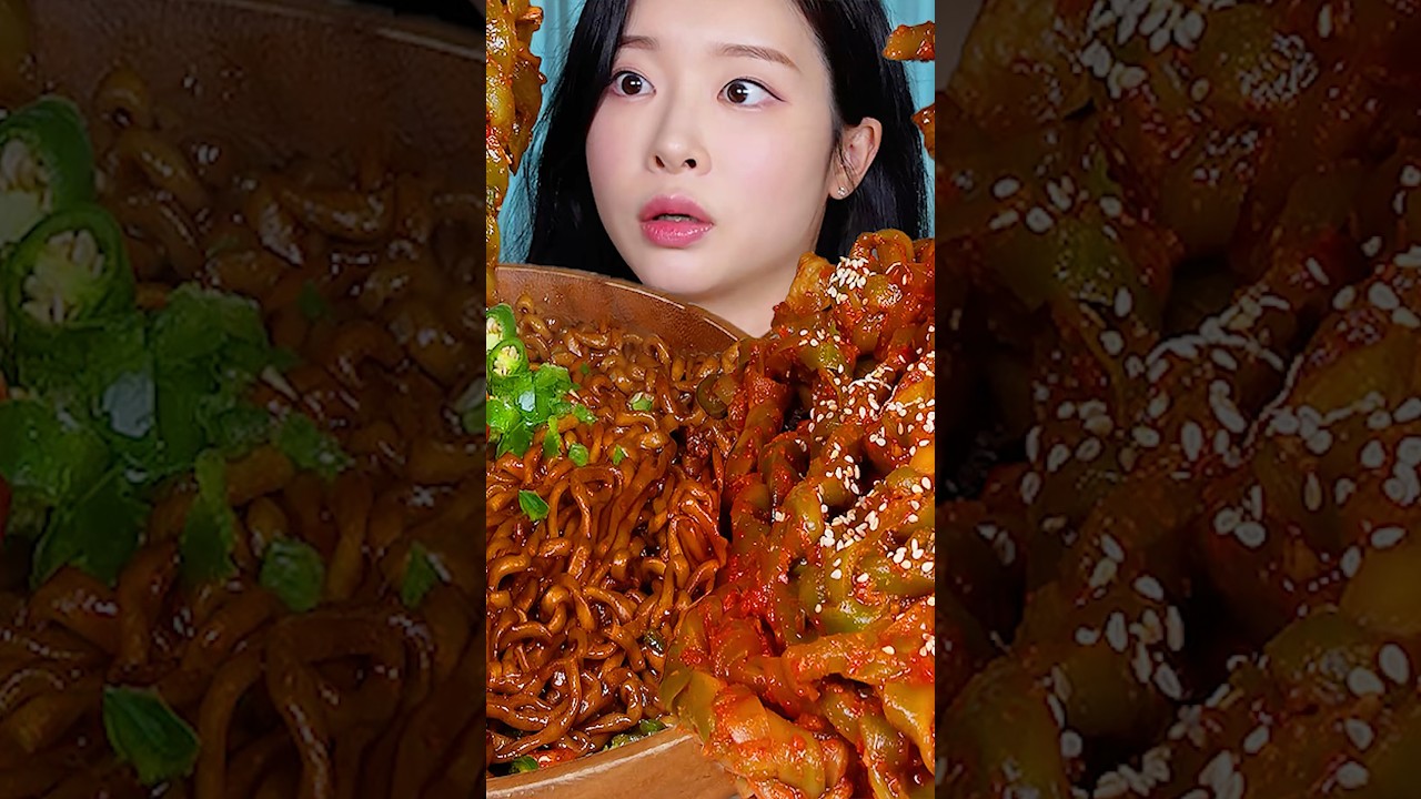 매운궁채김치 🔥 고추짜파게티 먹방! Spicy Chili Black Bean Noodles 🌶️ Homemade Lettuce Stem Kimchi