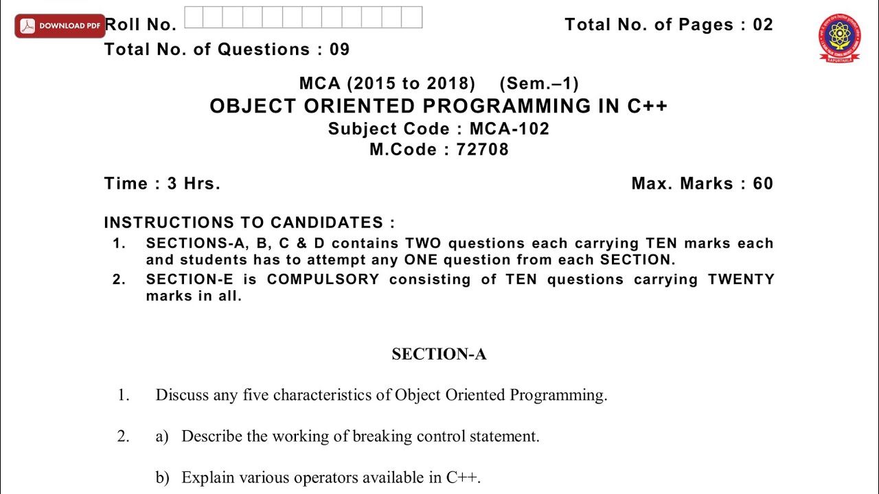 MCA 1ST SEM OBJECT ORIENTED PROGRAMMING IN CPP NOV 2019 | PTU - YouTube