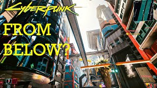 Cyberpunk 2077 A look at night city from below.