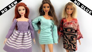 3 DIY NO SEW NO GLUE Doll Dresses | How to Make Barbie Dress Easy | Barbie Clothes