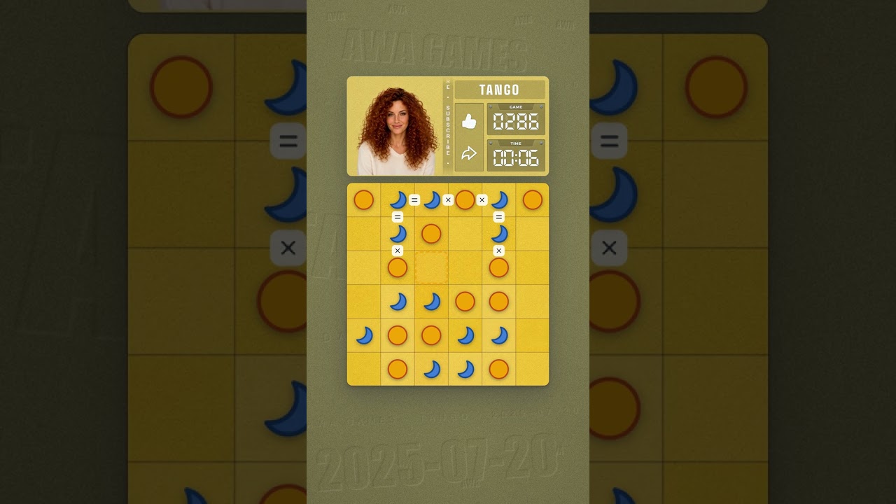 LinkedIn Tango #286 solved board for July 20, 2025, 6x6 grid