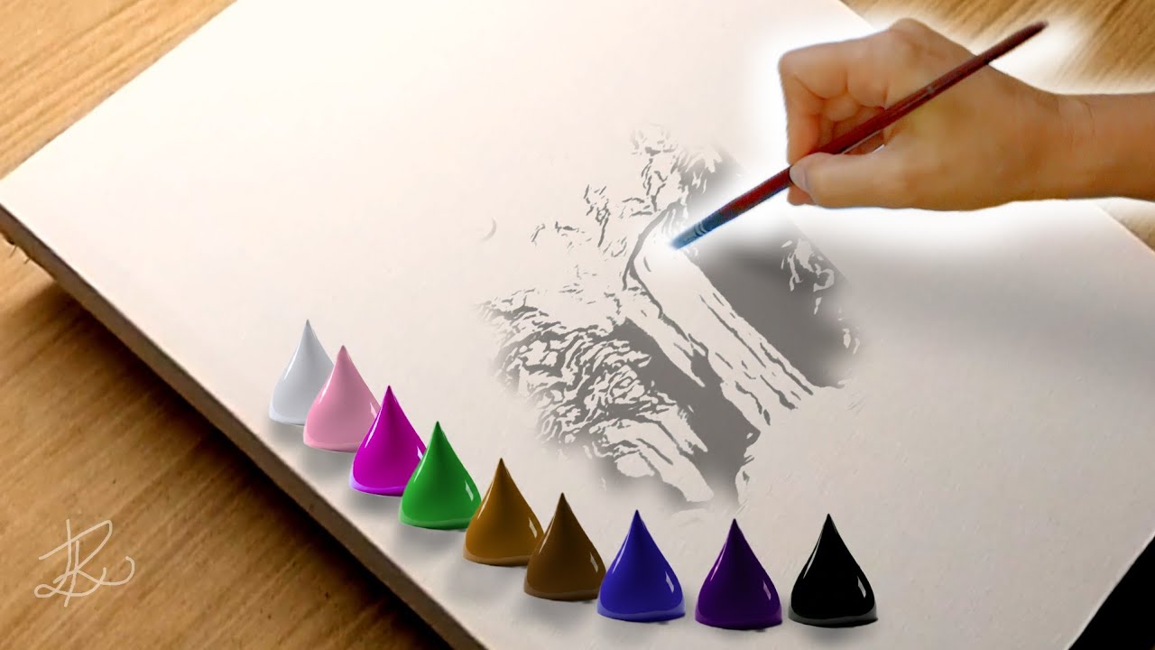 Landscape with Waterfall on a Calm Night | Idea on How to Paint with Acrylic Paint | Step by Step