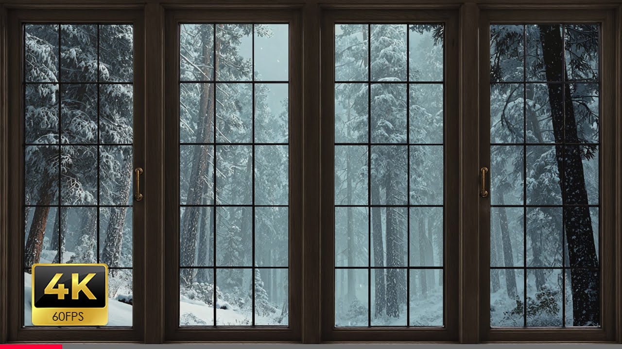 4K Snowy Forest Window View – Quiet Winter Ambience for Sleep & Study