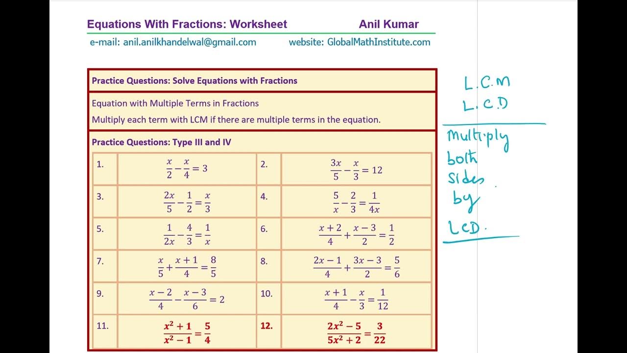 Linear Equations With Fractions Worksheet with 25 Questions and ...
