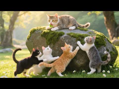 Adorable kittens playing chase together by the rock - Cat meows - Cat video
