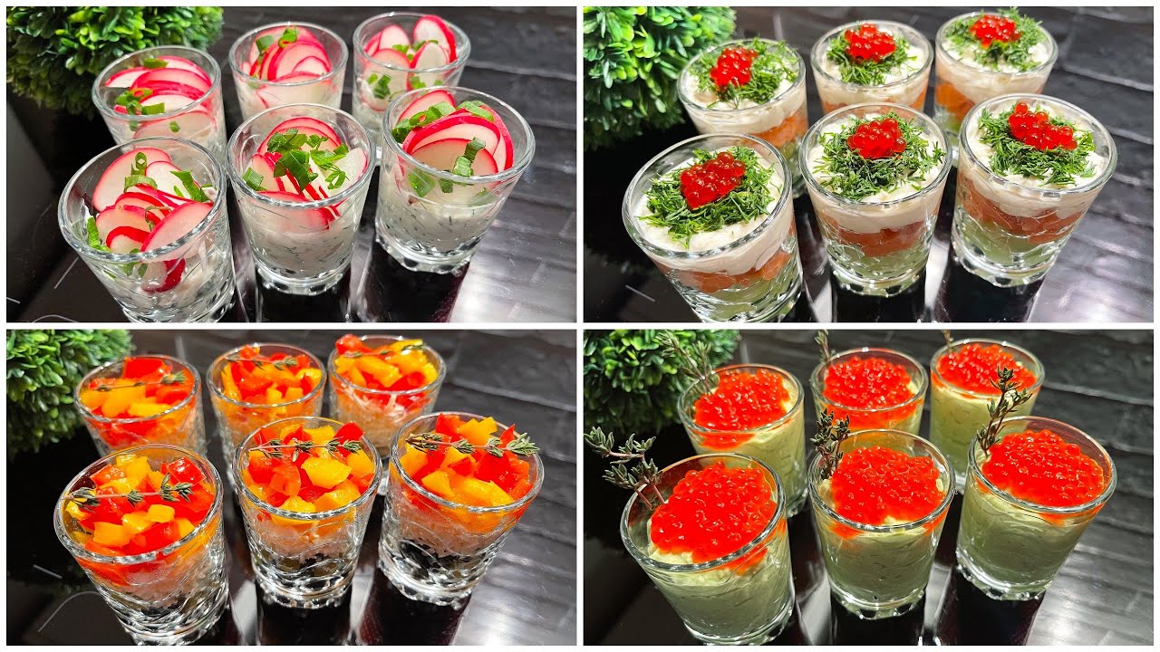 Festlicher Vorspeisen im Glas, um Ihre Gäste zu begeistern. 4 Snacks für eine Party oder ein Buffet!