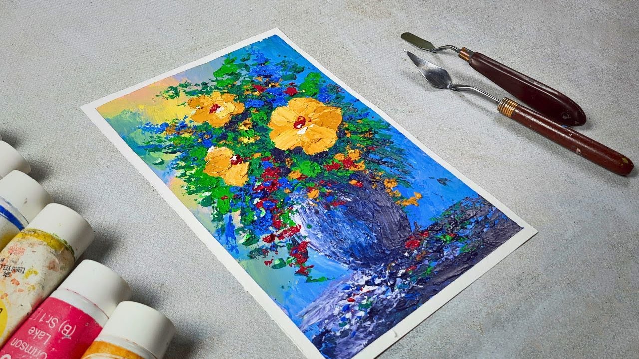 Simple Flower Vase Painting - Acrylic Palette Knife Art step by step