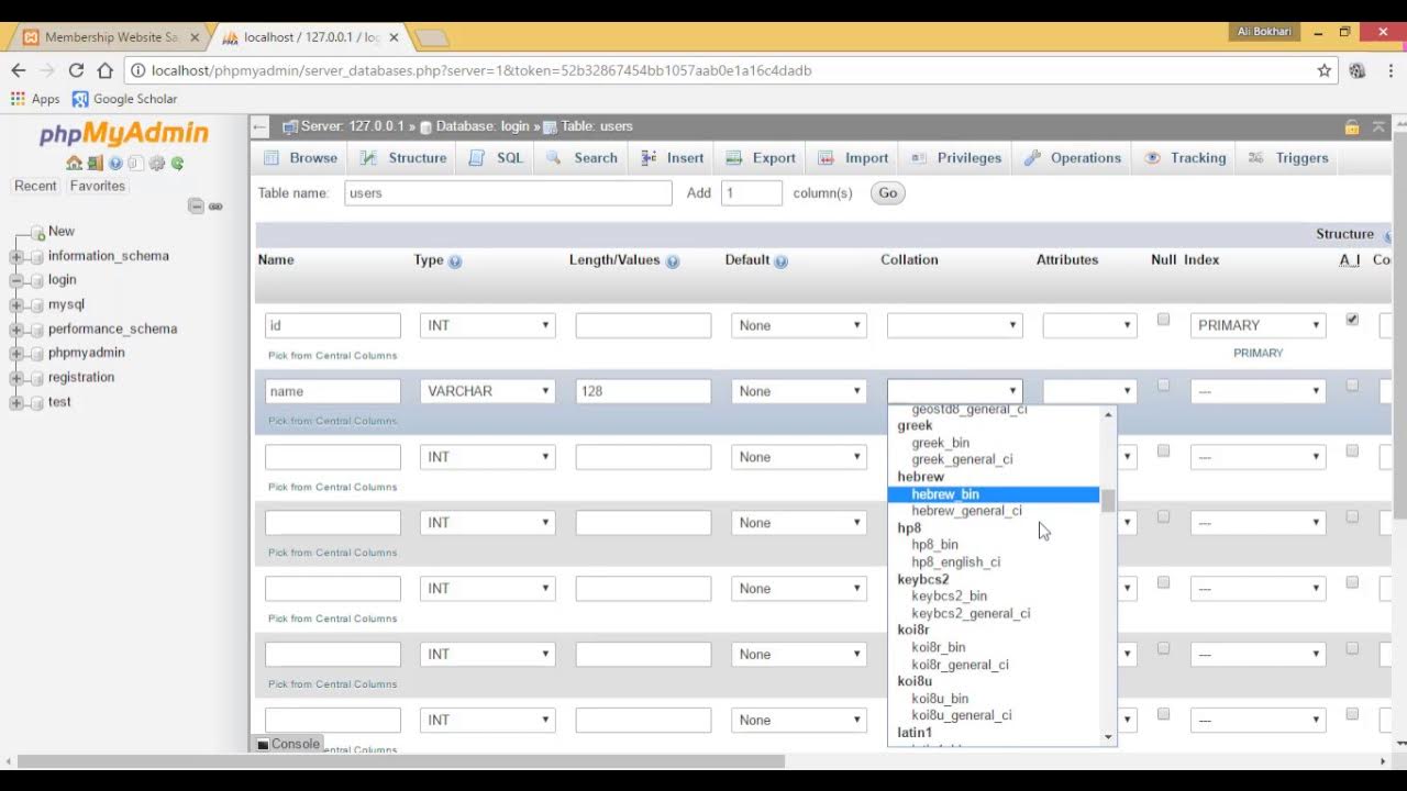 How to create database using phpmyadmin for login form - YouTube