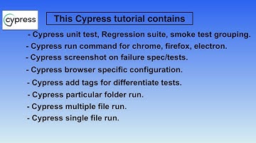 Cypress command single, multiple file/folder run., Cypress tags, cypress failure screenshots.