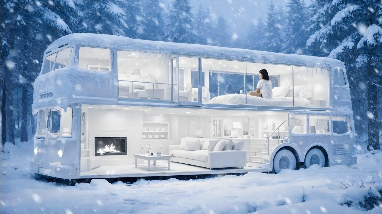 I Turned an Abandoned Double-Decker Bus into a 2-Floor Glass Motorhome Mansion in Snowstorm (ASMR)