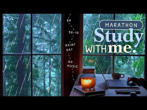 8 HOUR STUDY WITH ME Marathon 🌧️ / Rainy Day In The Forest 🌱🐌 / Rain on Roof / No Music / 50-10 🕯️