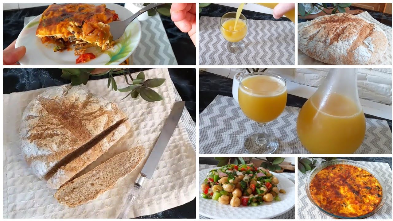 وصفات صحية /خبز الريف الكامل/ ڨراطان الخضر بدون لحوم / سلطة الحمص / عصير البرتقال والموز