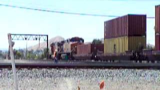 RARE, MUST SEE! KCS BELLE AND DPU ON A BNSF STACK TRAIN SHOWING NO MERCY TO THE COLTON DIAMONDS!!!