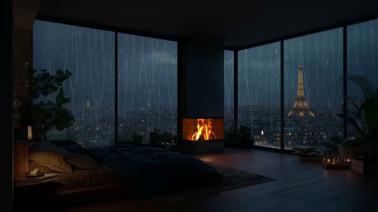 3 Hours Rain Sounds + Fireplace Crackling 🔥 Cozy NYC Bedroom for Insomnia Relief