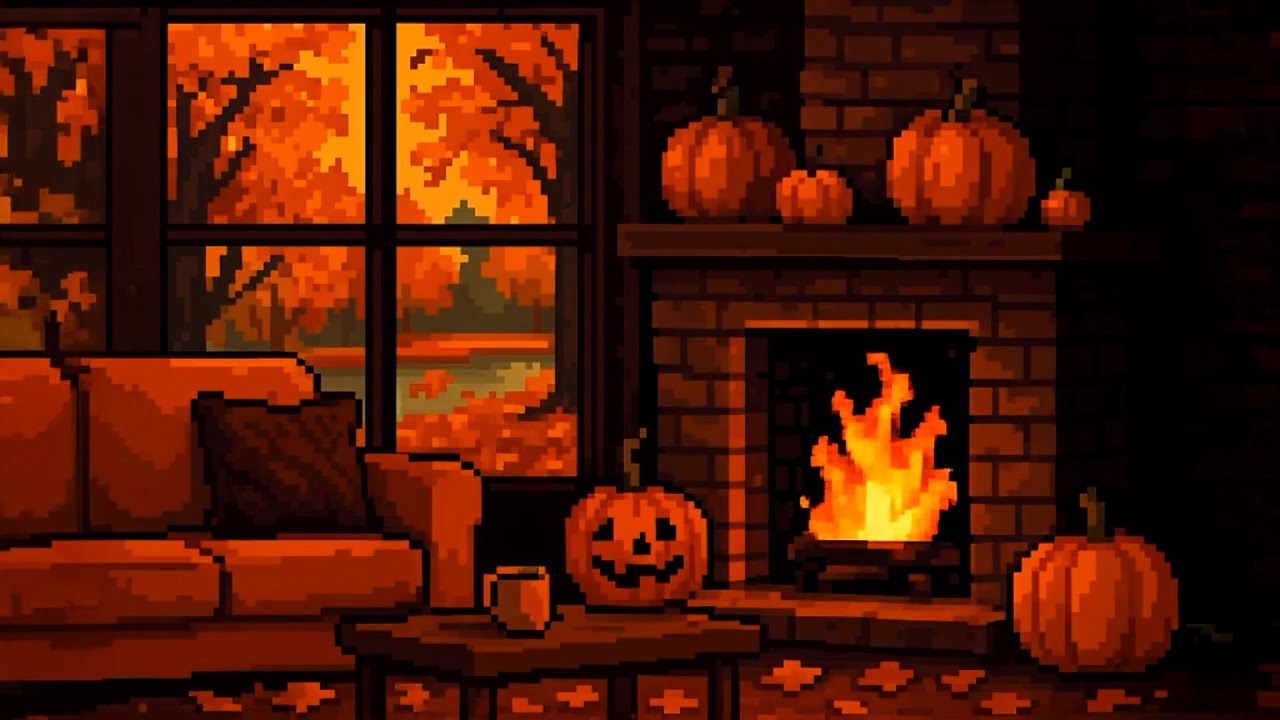 Sweater weather is here... | Cozy Autumn Fireplace Pixel Art | Halloween Music | Live WALLPAPER