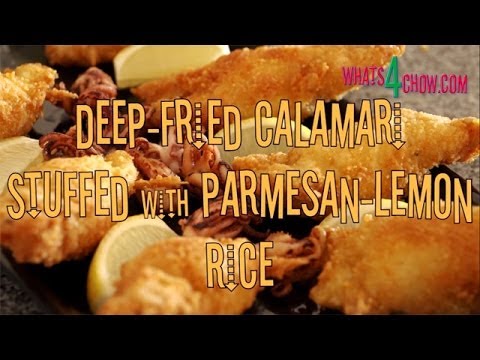 Crispy Deep fried Calamari / Squid Stuffed with Parmesan Lemon Rice.