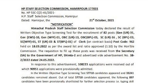 hpssc Clerk (on contract basis) Post Code: 962 written test result | hpssc latest result update |