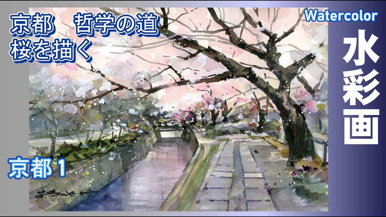 京都、哲学の道　桜を描く　水彩画　酒井芳元