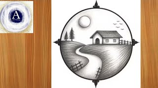 How to Draw a Beautiful Circle House Scenery with Pencil | Easy Sunset Drawing for Beginners" screenshot 2
