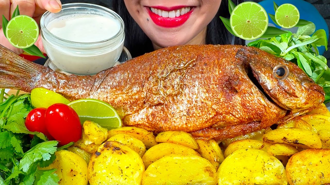 ASMR TANDOORI GRILLED FISH, POTATOES, CORIANDER MUKBANG MASSIVE Eating Sounds